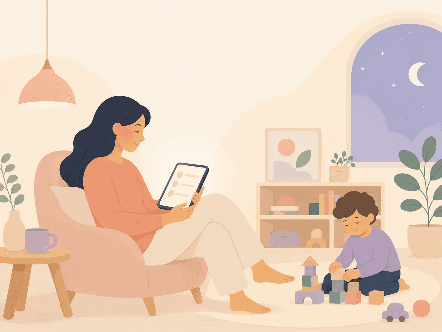 Una mamá o papá tranquilo y su peque disfrutando juntos de un momento de juego sin pantallas